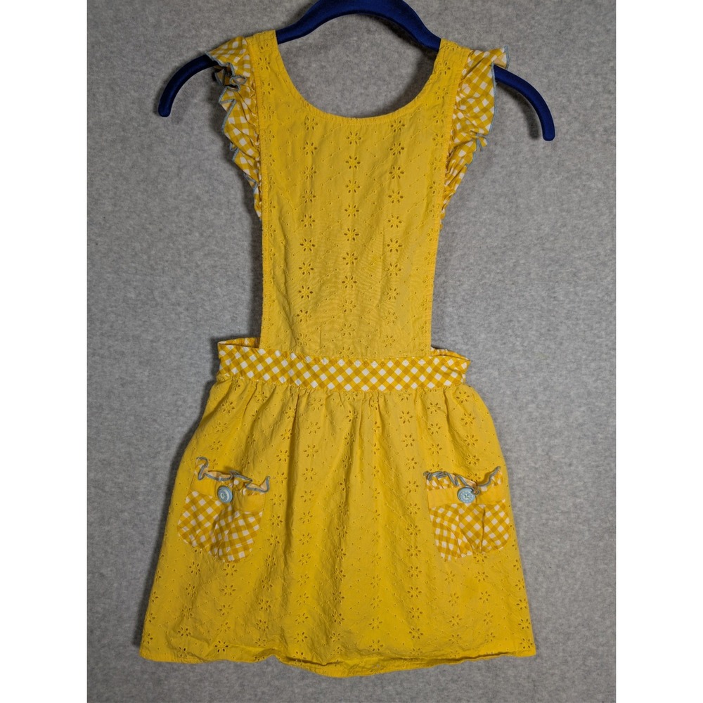 Matilda Jane Girls Yellow Eyelet Gingham Pinafore Dress Ruffle Pocket Size 10
